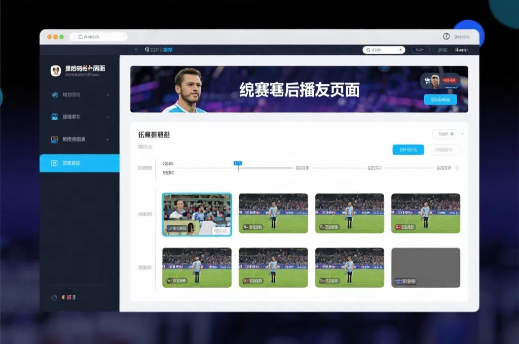 比赛结束后，电视屏幕展示集锦回放页面，旁边有时间轴和多角度切换提示